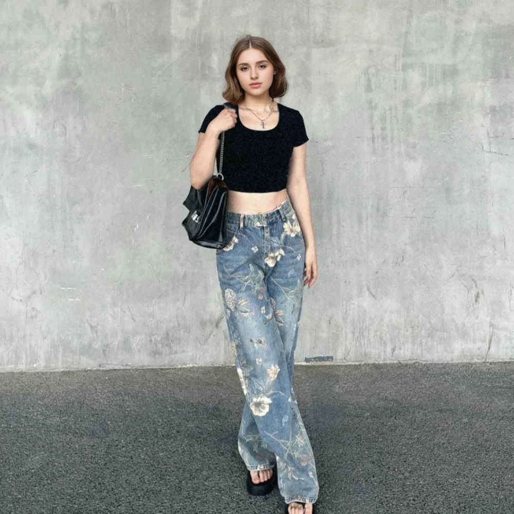 High Street Floral Print Wide Leg Jeans