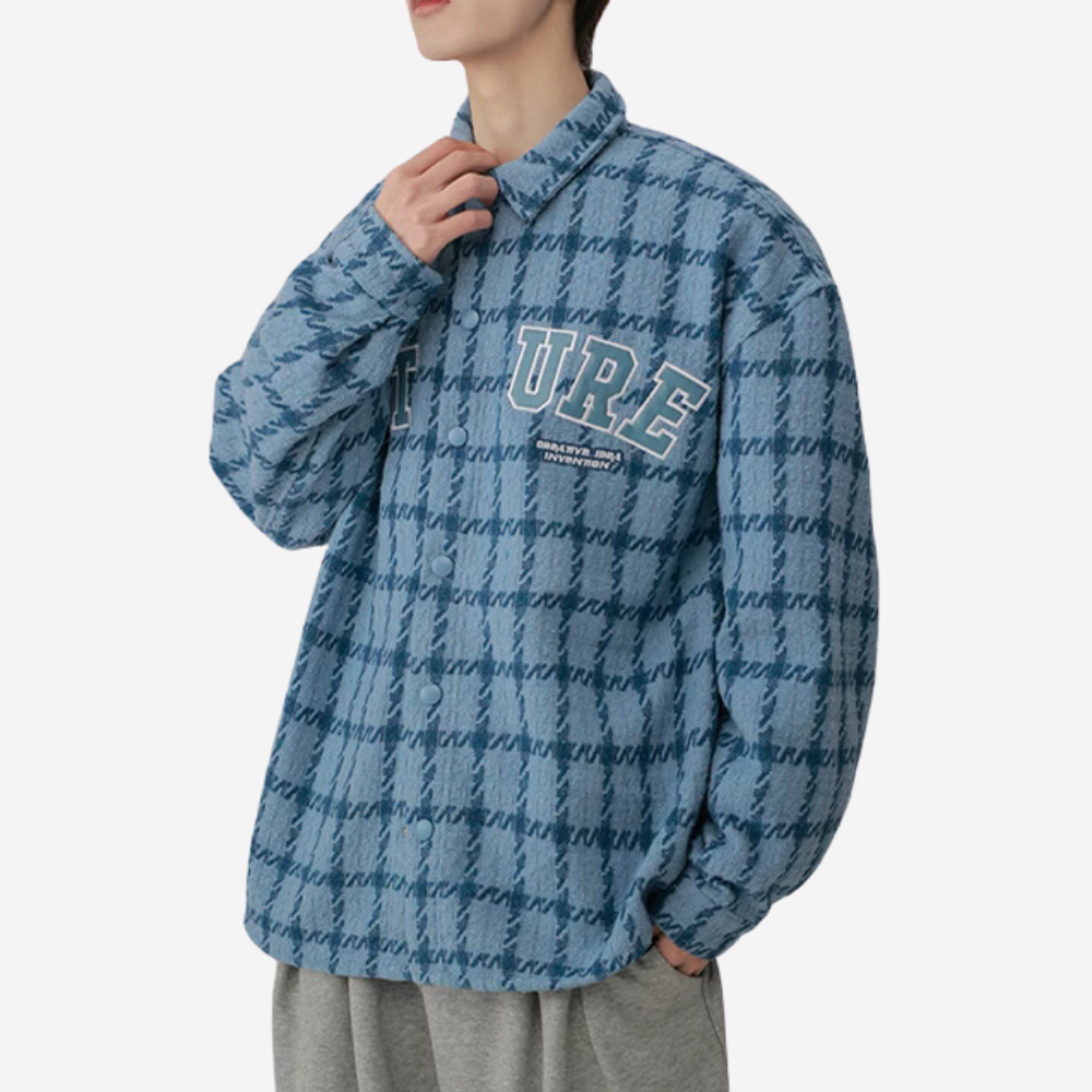 Plaid Leather Logo Embroidered Long Sleeves Shirt