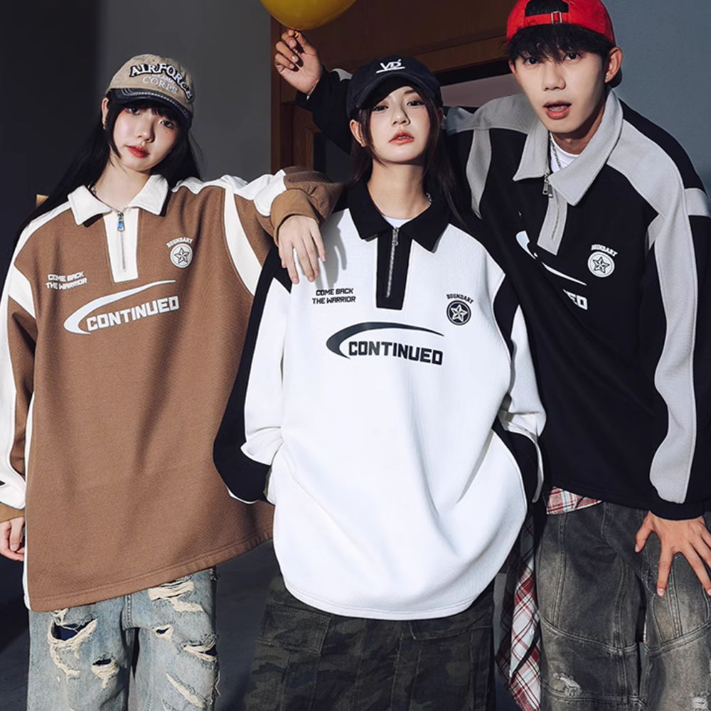 Retro Zipped Waffle Contrast Polo Sweatshirt