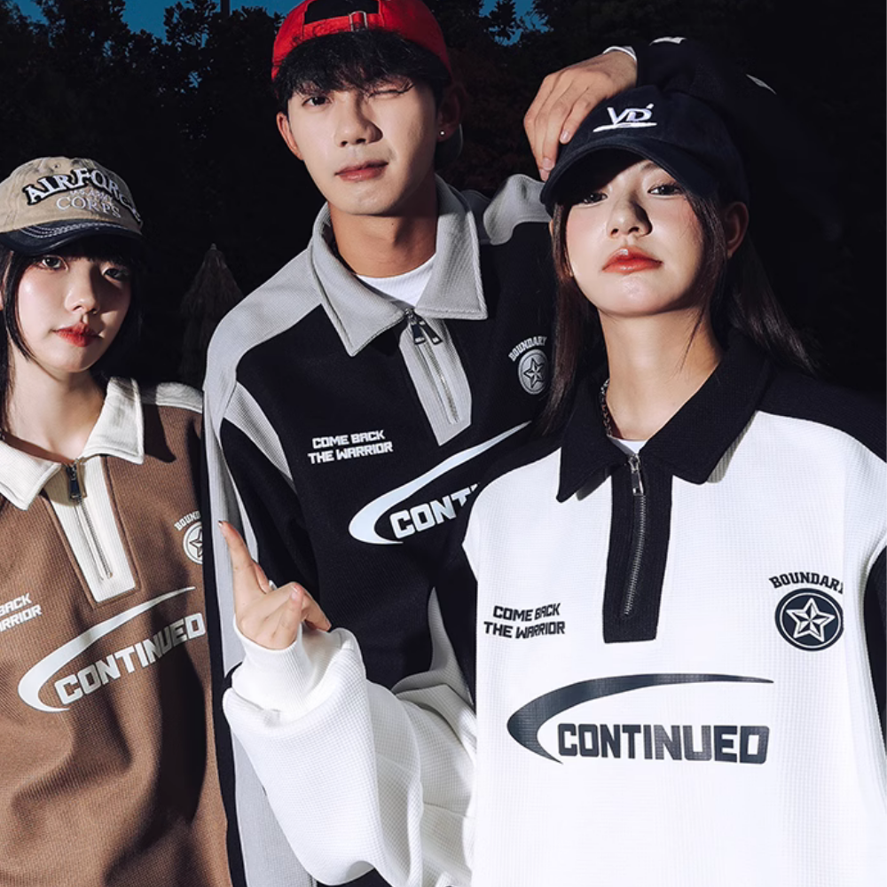 Retro Zipped Waffle Contrast Polo Sweatshirt