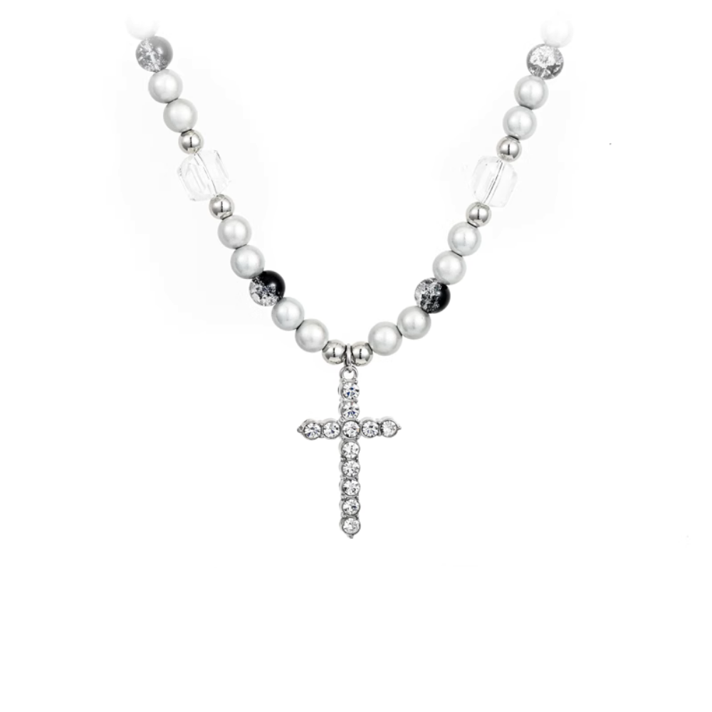 American Reflective Pearl Cross Necklace