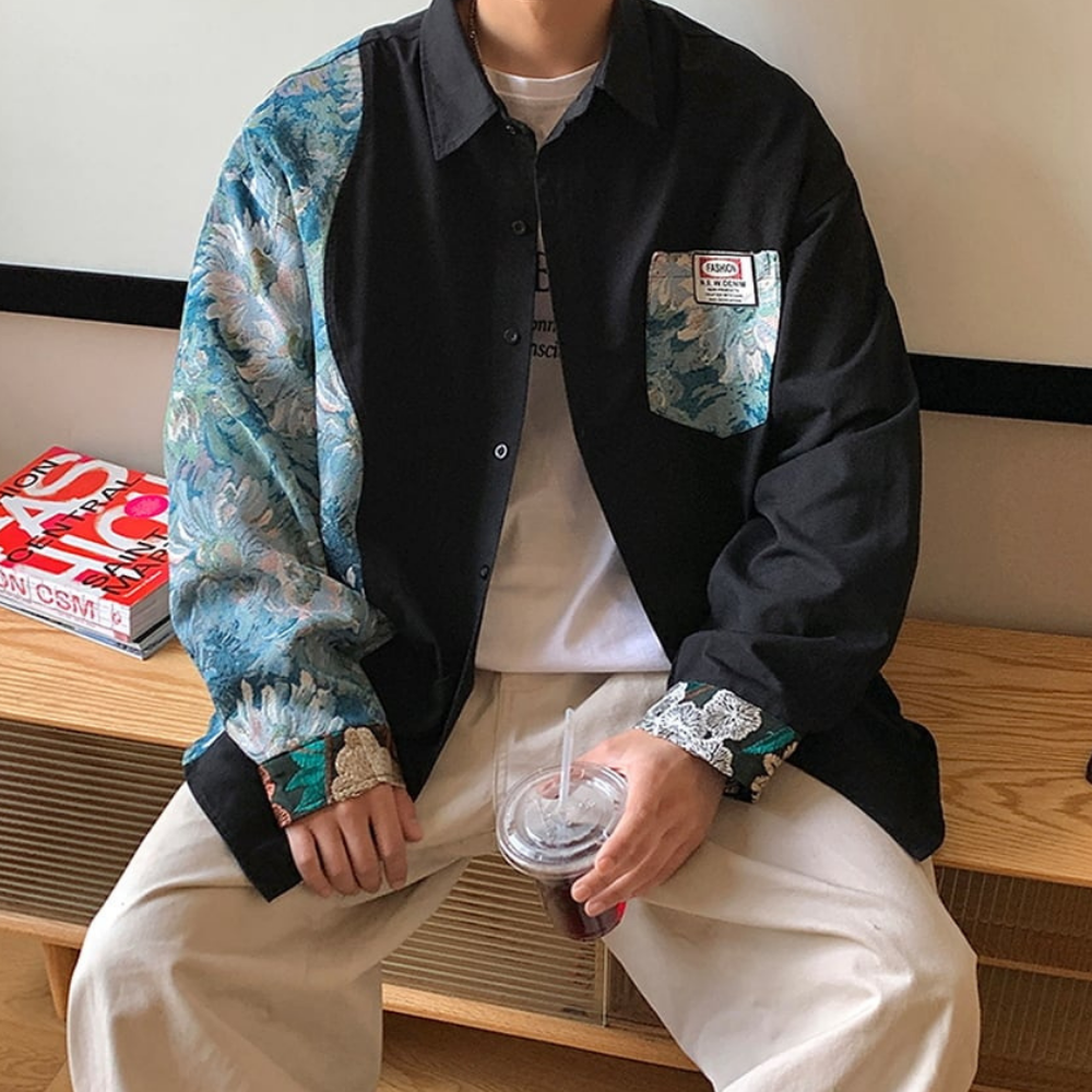 Floral Embroidery Patchwork Long Sleeves Shirt