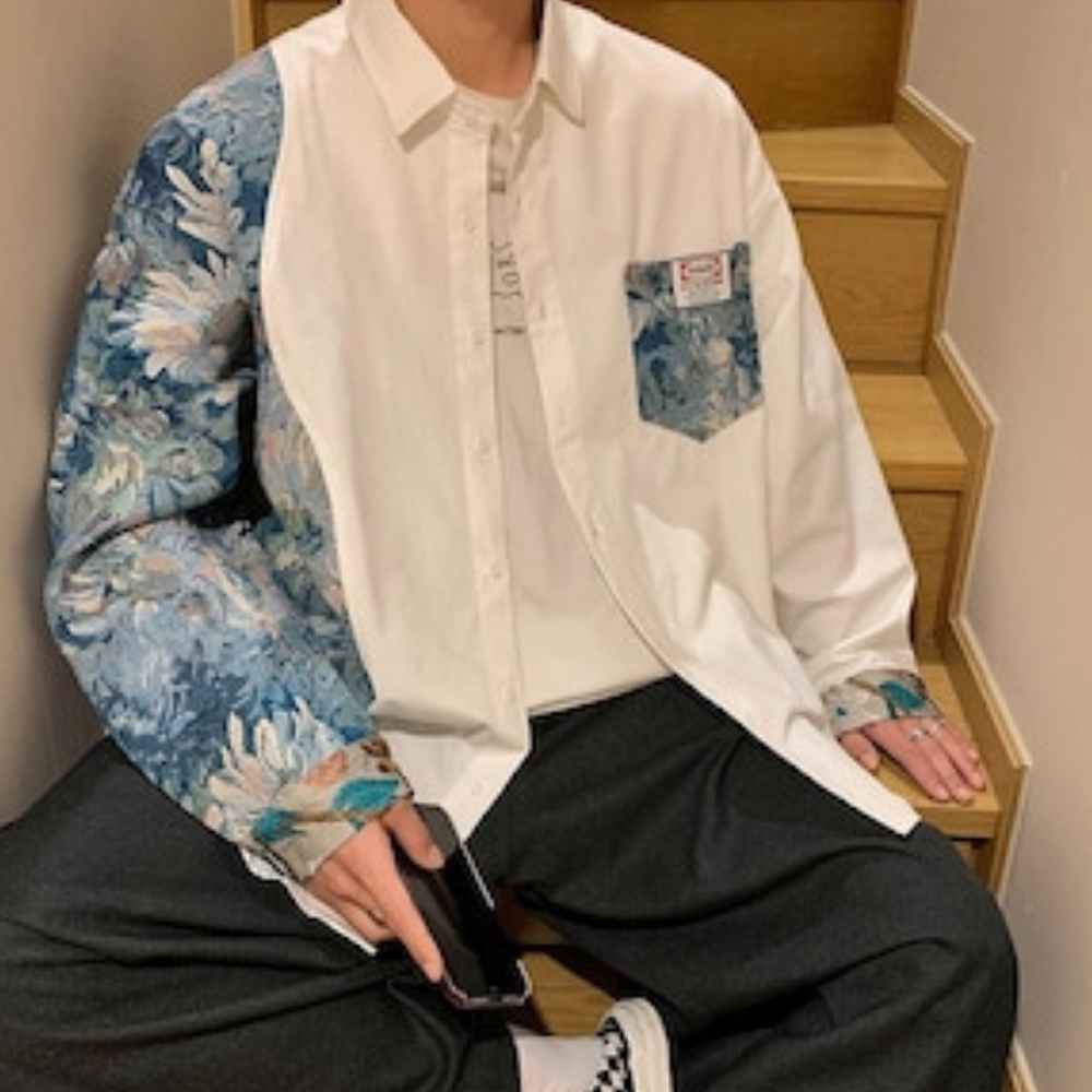 Floral Embroidery Patchwork Long Sleeves Shirt