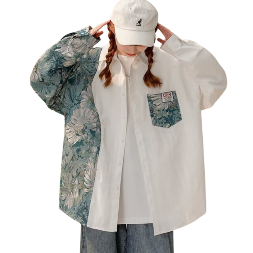 Floral Embroidery Patchwork Long Sleeves Shirt