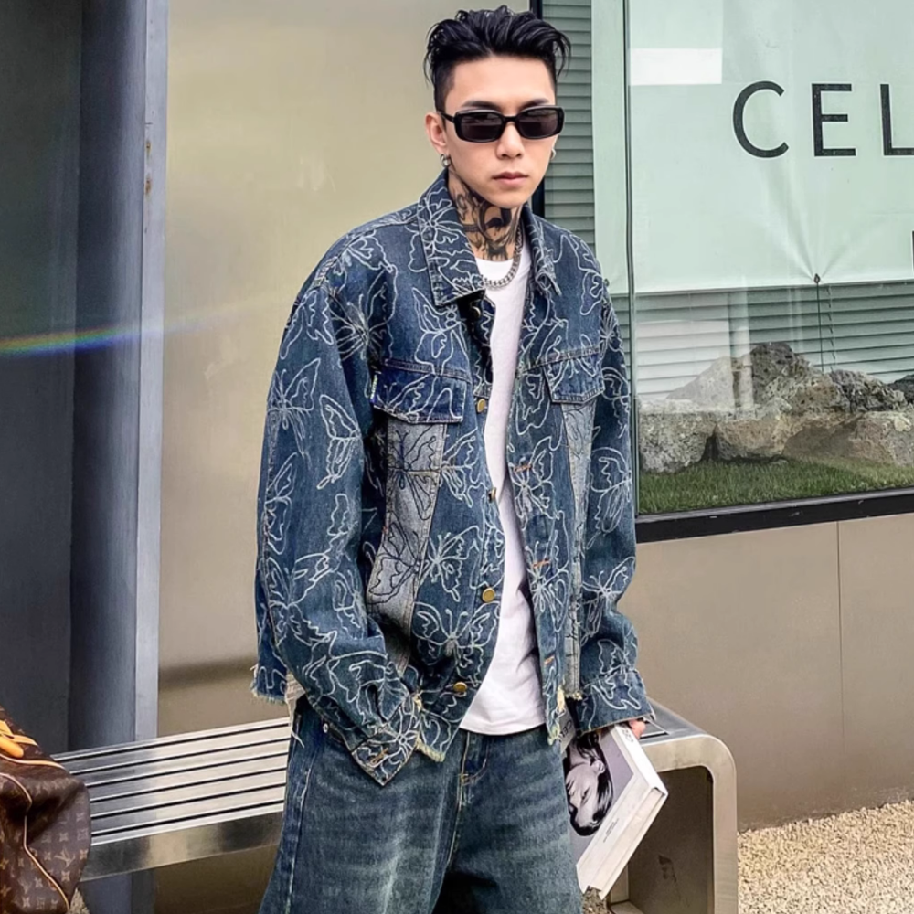 Butterfly Jacquard Ripped Denim Jacket