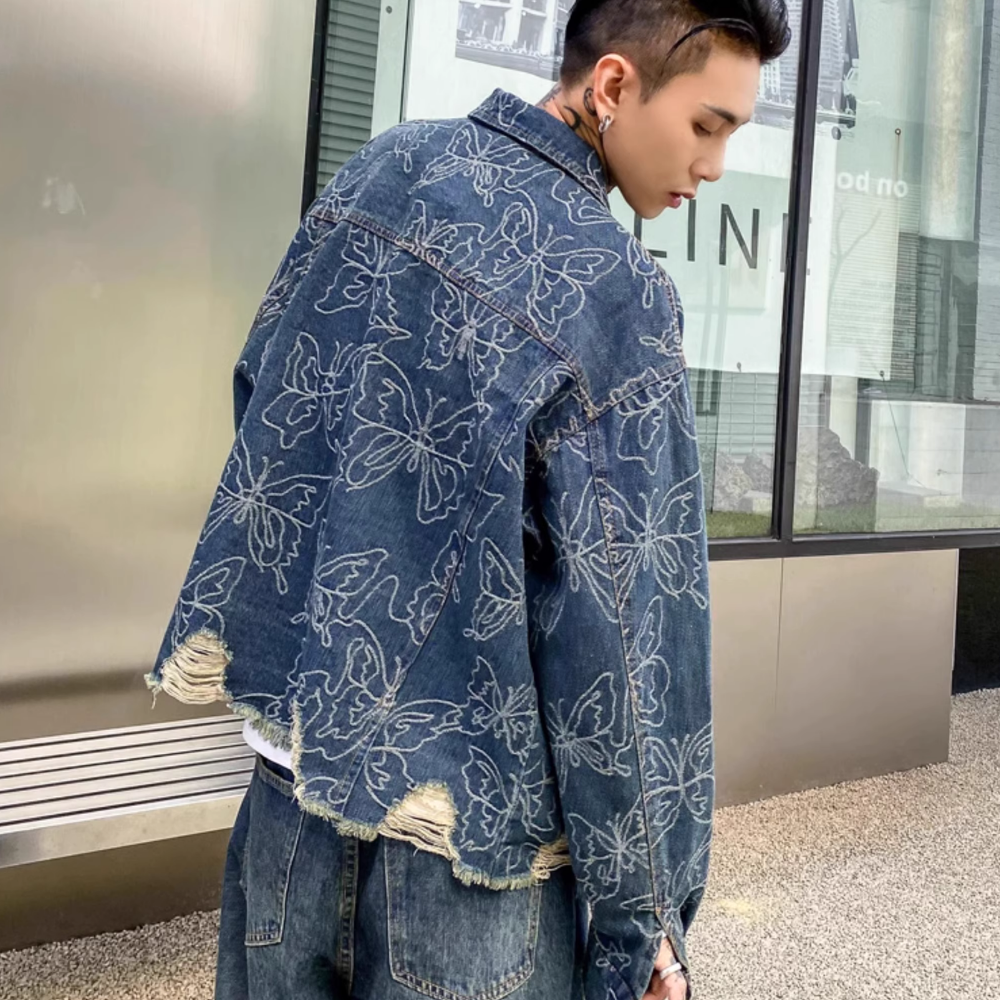 Butterfly Jacquard Ripped Denim Jacket