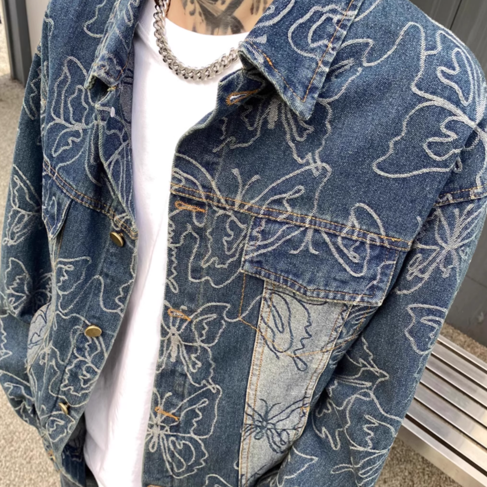Butterfly Jacquard Ripped Denim Jacket