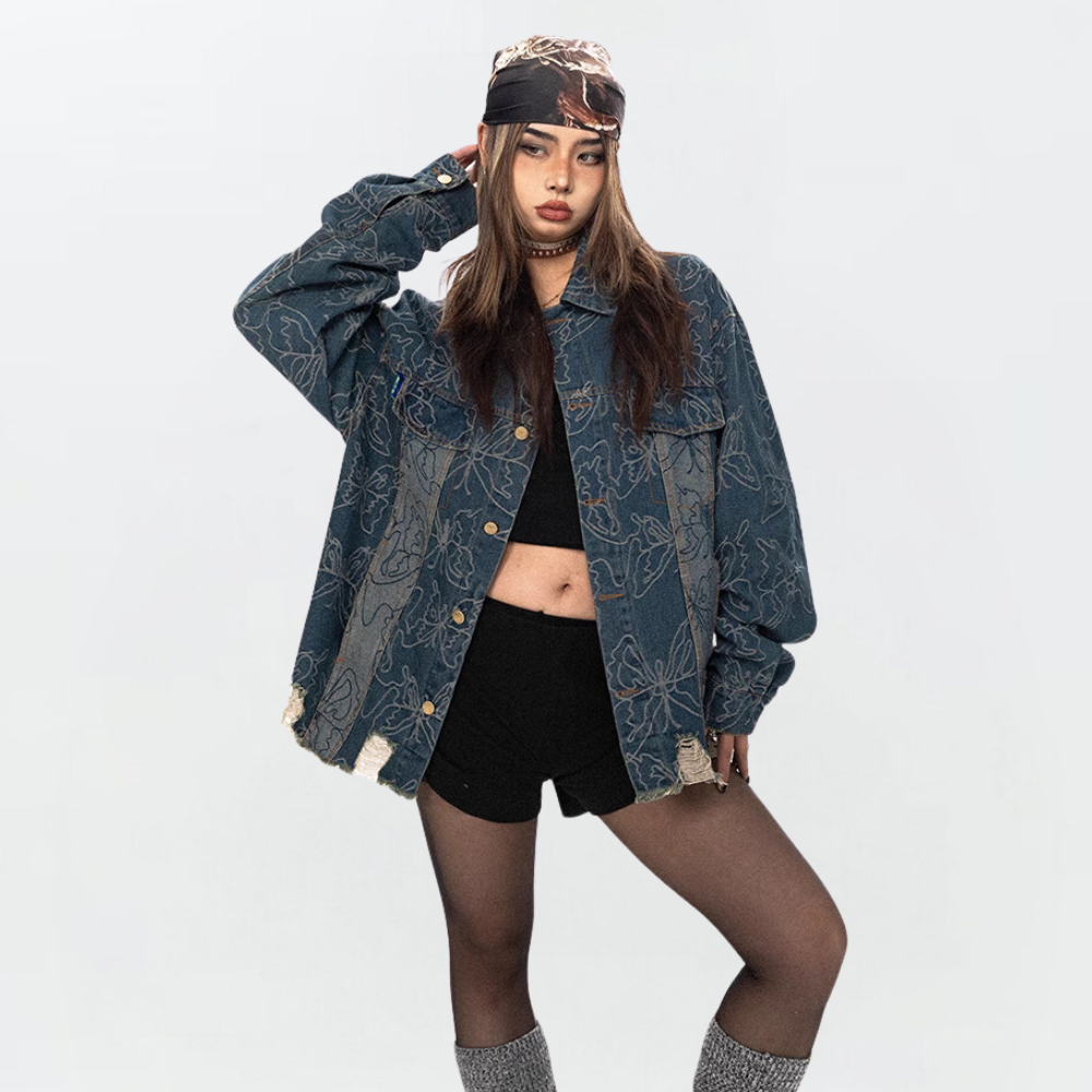Butterfly Jacquard Ripped Denim Jacket