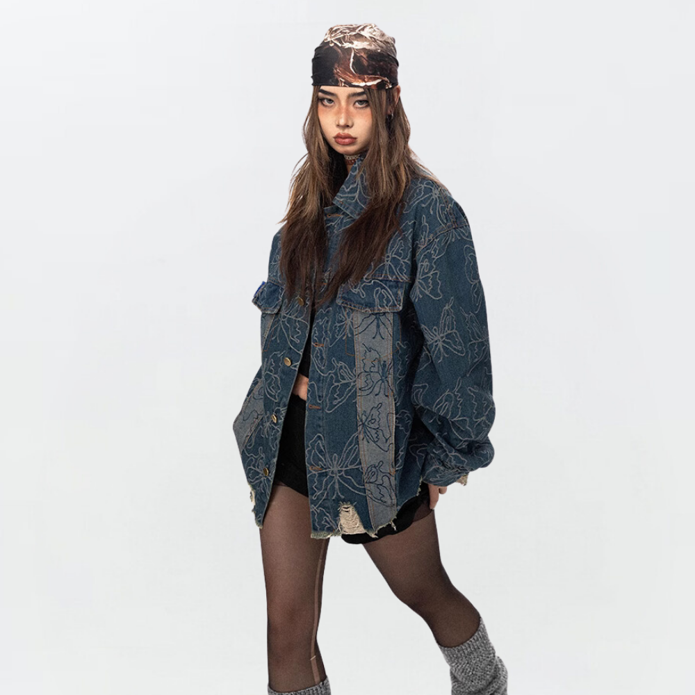 Butterfly Jacquard Ripped Denim Jacket