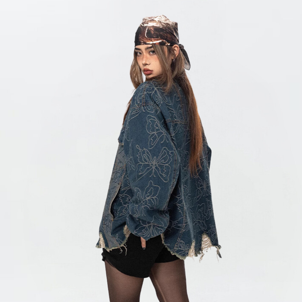 Butterfly Jacquard Ripped Denim Jacket