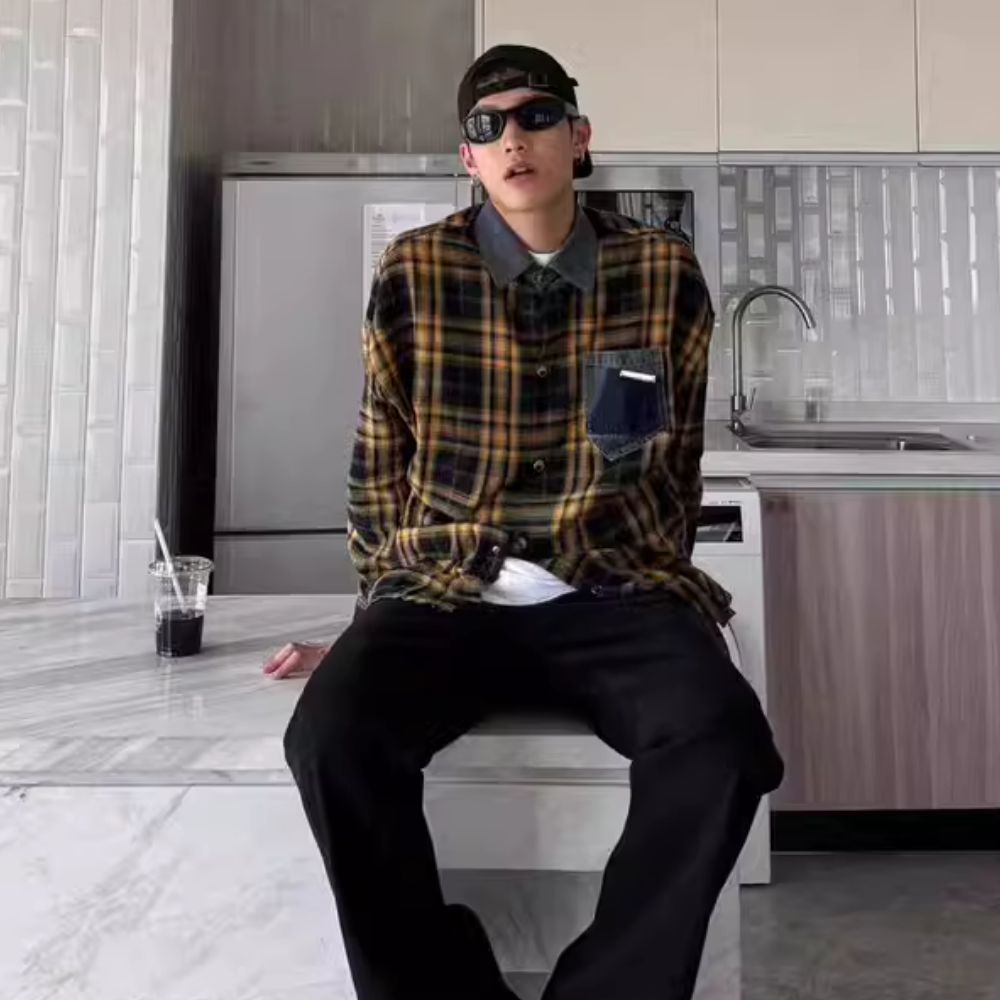 Denim Collar Pocket Plaid Shirt