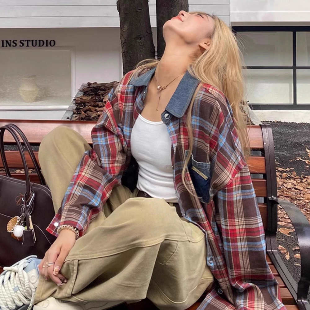 Denim Collar Pocket Plaid Shirt