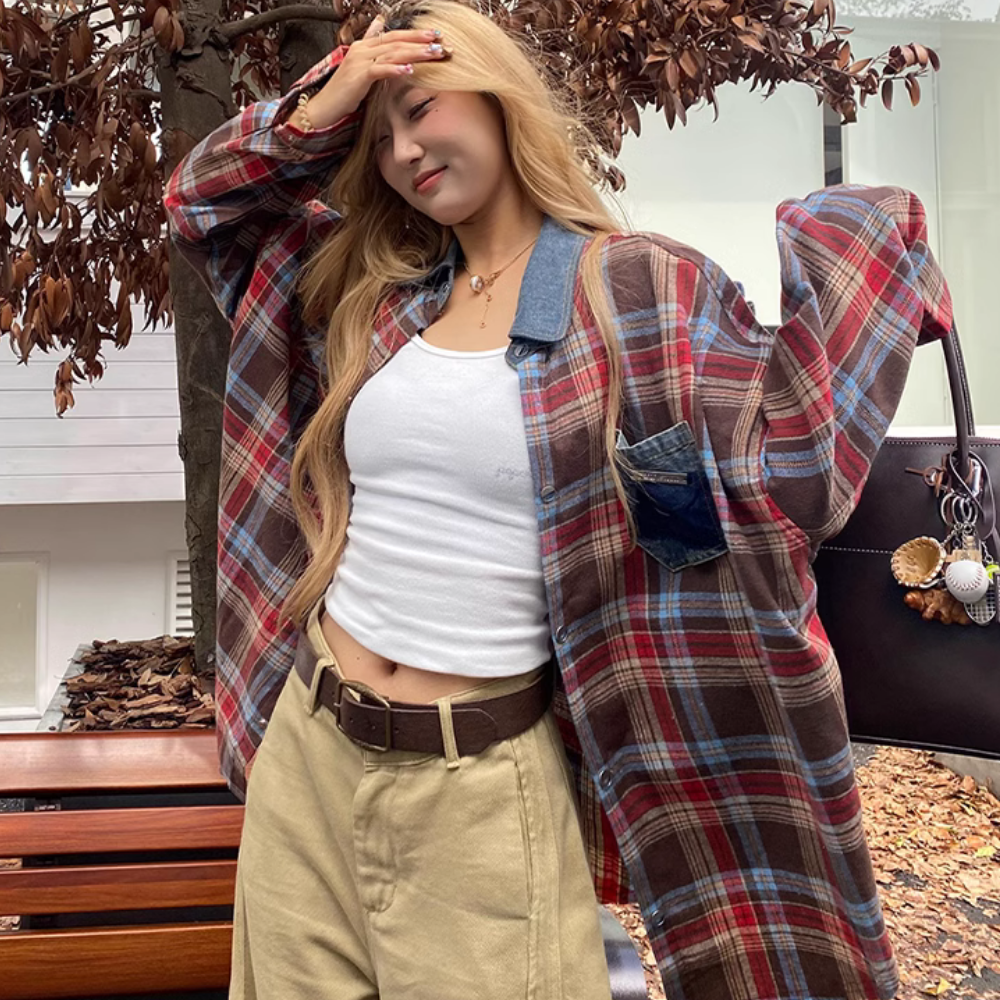 Denim Collar Pocket Plaid Shirt