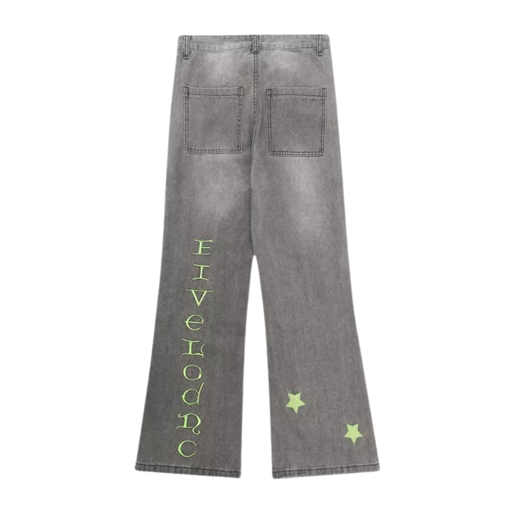 Green Star Embroidery Straight Jeans