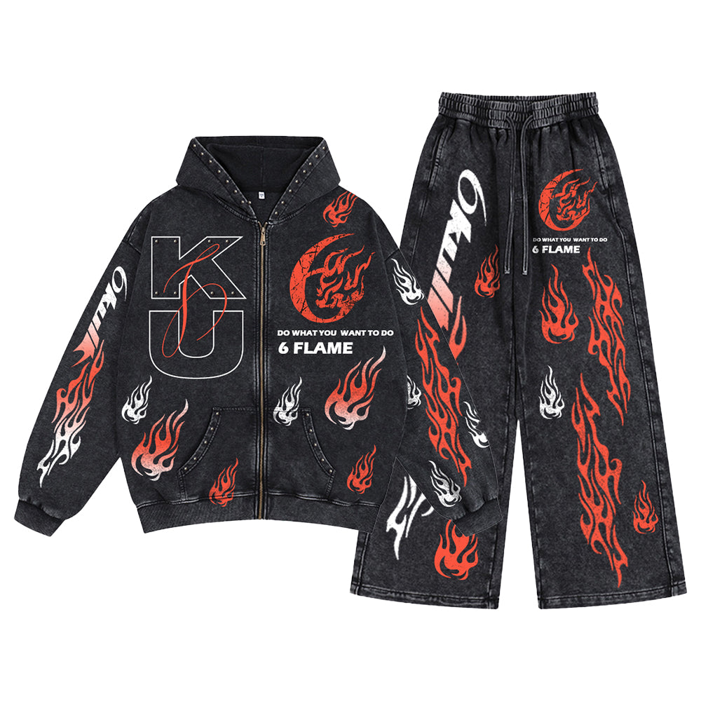 6Kull Flowing Fire Printed Tracksuit - Black