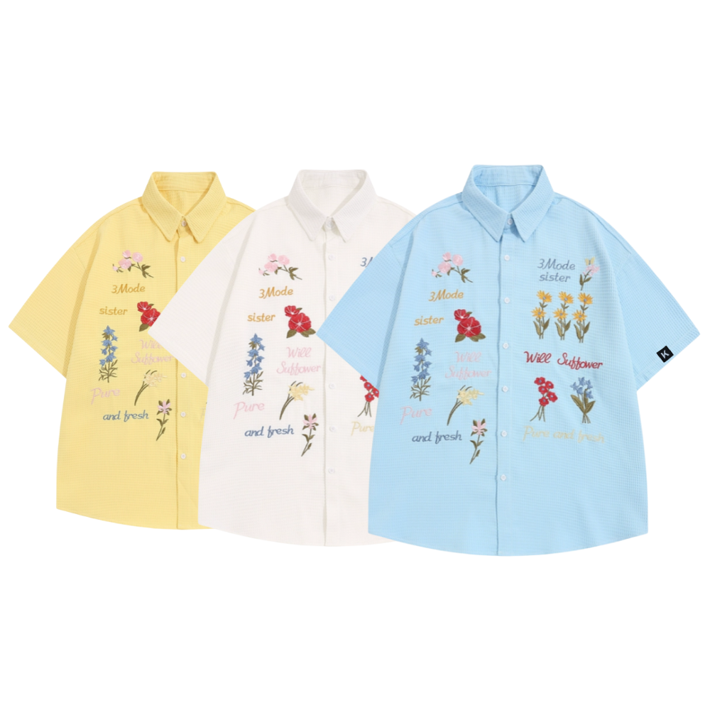 Retro Waffle Colored Floral Embroidered Shirt