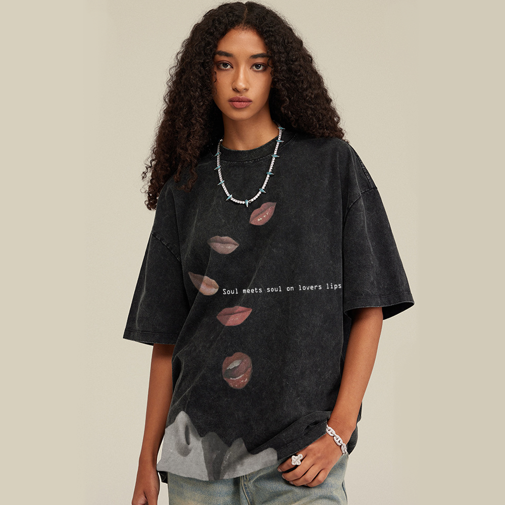 Retro Fun Lip Print Washed T-Shirt