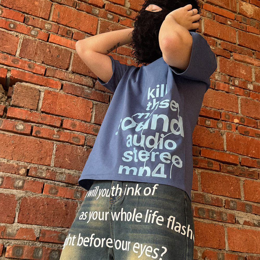 Unseen Echoes Melancholy Trend Letters Earphone Retro T-shirt