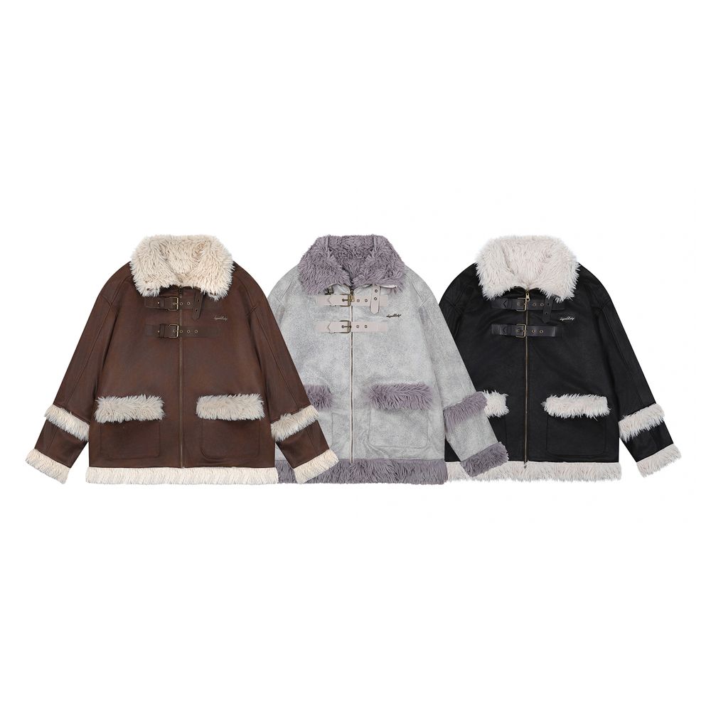 【NOW TREND】Leather Button Zip Fur Collar Coat