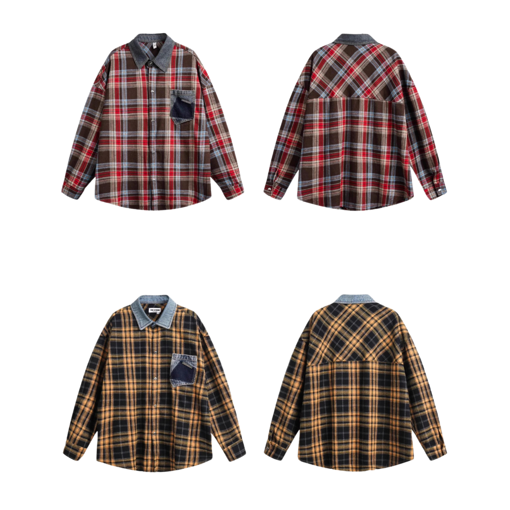 Denim Collar Pocket Plaid Shirt