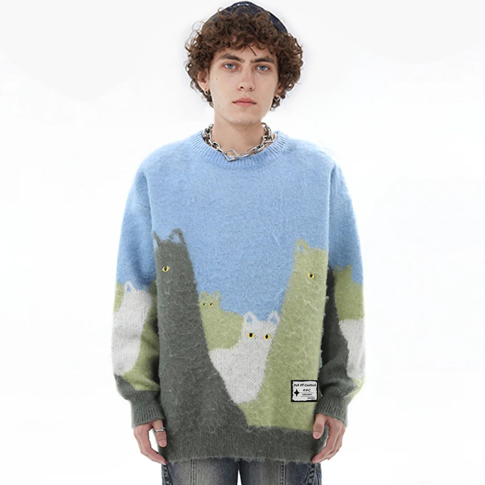 OOC' Cute Cat Color Block Sweater