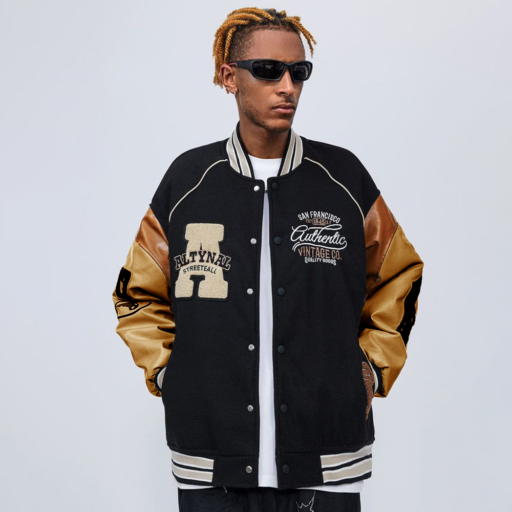 Flocked Jacquard Contrast Varsity Jacket