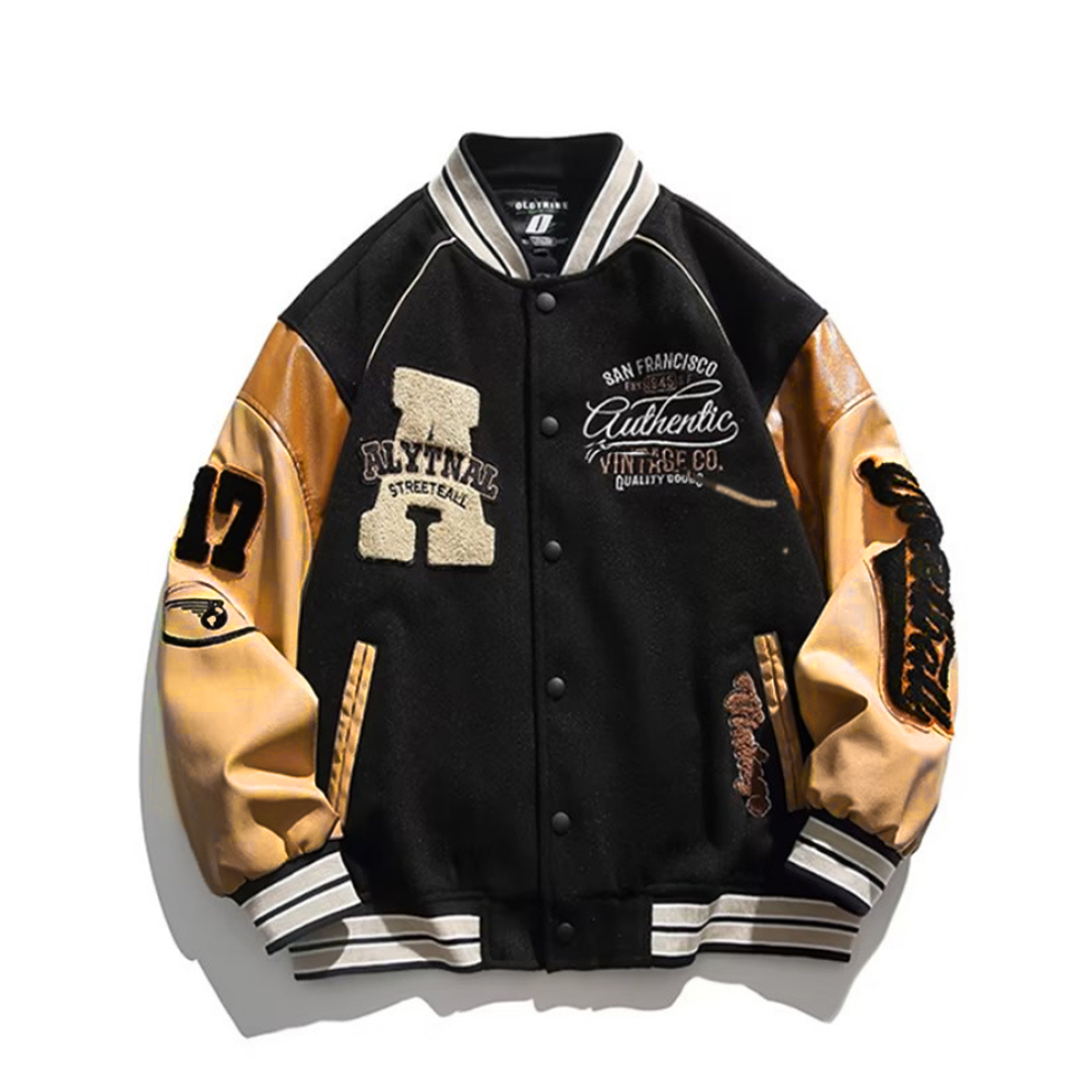 Flocked Jacquard Contrast Varsity Jacket