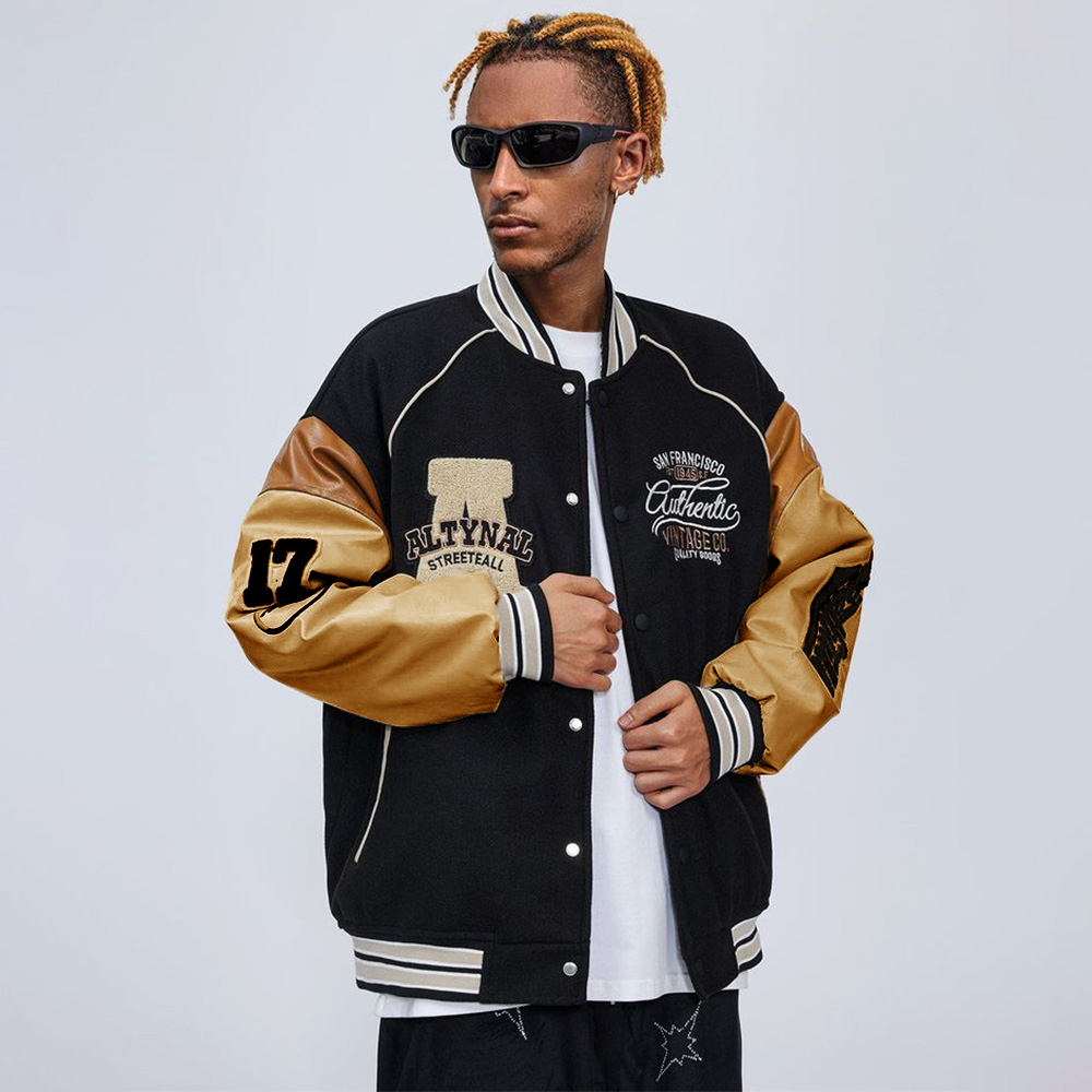 Flocked Jacquard Contrast Varsity Jacket