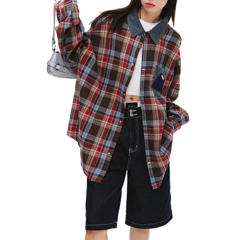 Denim Collar Pocket Plaid Shirt