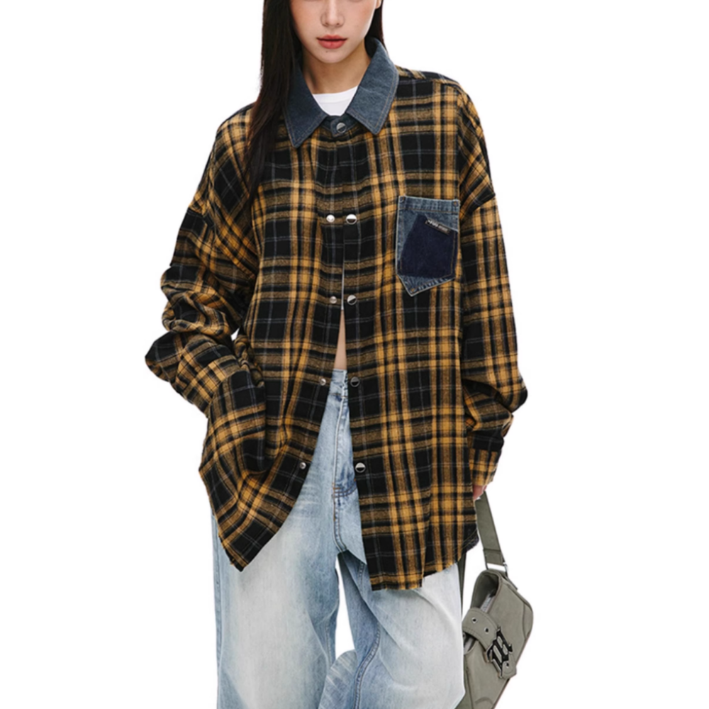 Denim Collar Pocket Plaid Shirt
