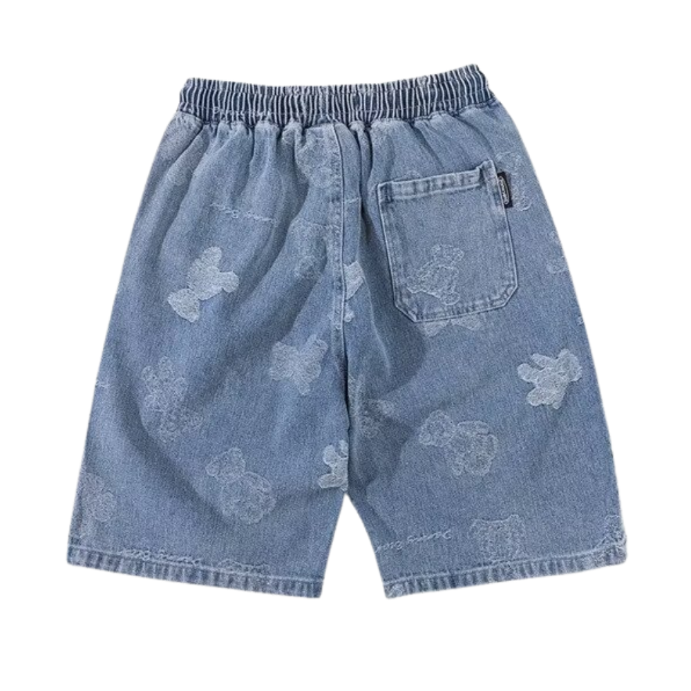 Washed Cartoon Print Denim Shorts