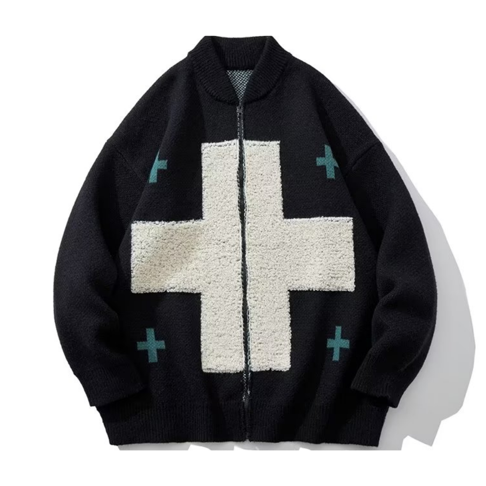 Hip Hop Cross Flocked Knitted Cardigan