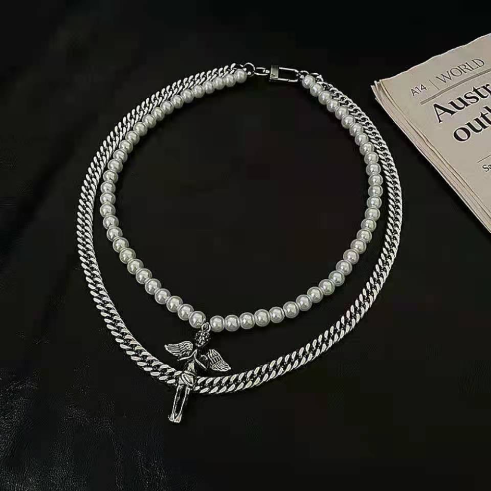Street Double Angel Pearl Necklace