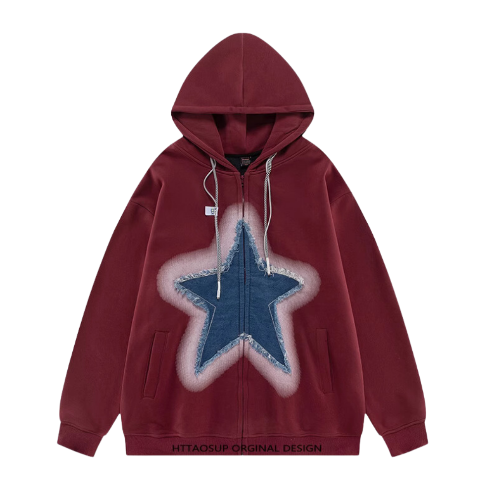 Retro Star Patchwork Denim Hoodie