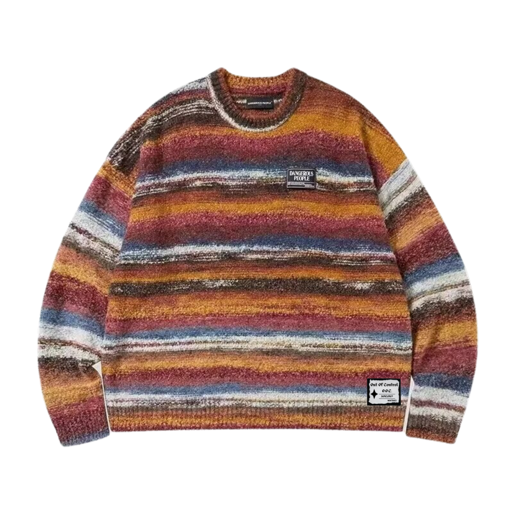 OOC' Retro Colorful Striped Contrast Crew Neck Knitted Sweater