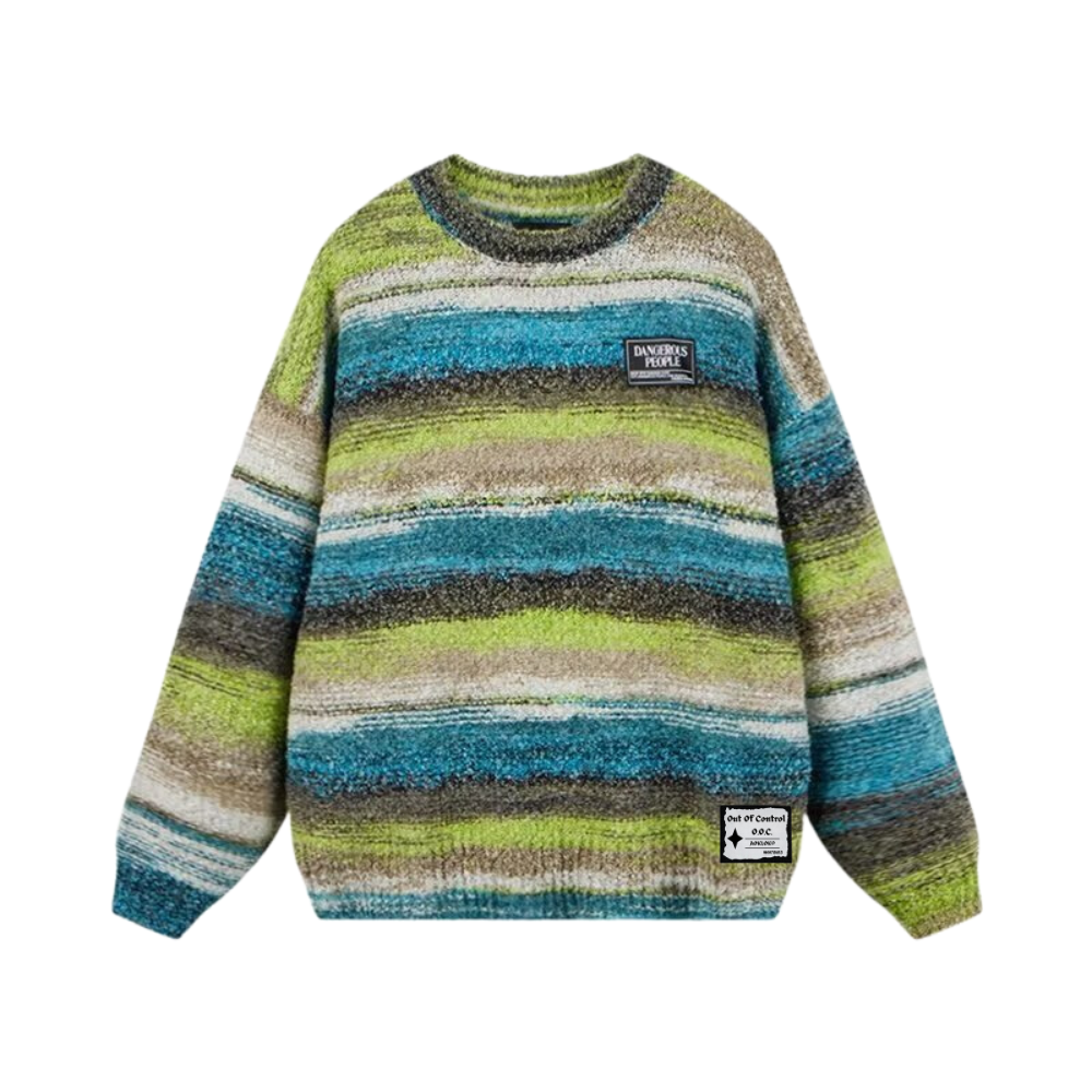 OOC' Retro Colorful Striped Contrast Crew Neck Knitted Sweater