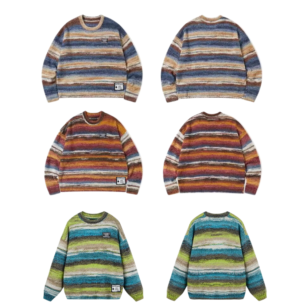 OOC' Retro Colorful Striped Contrast Crew Neck Knitted Sweater