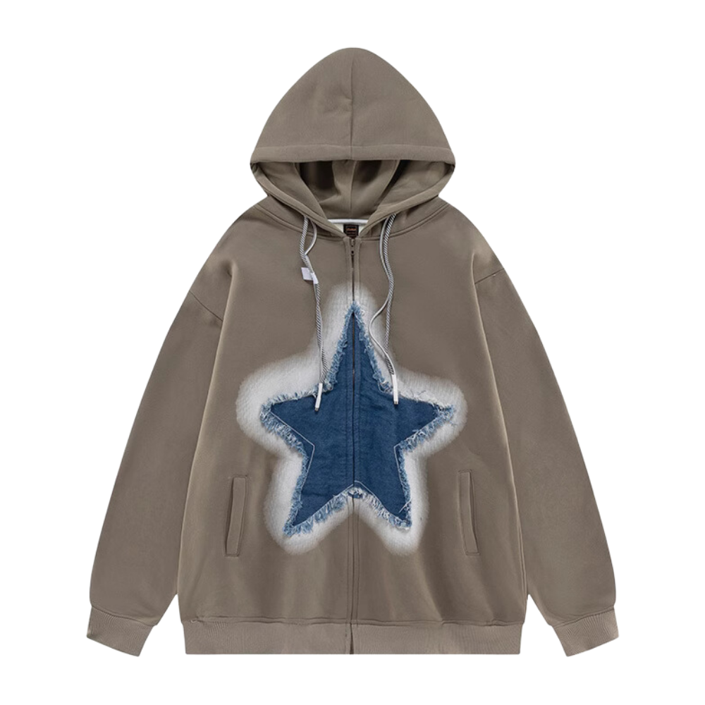 Retro Star Patchwork Denim Hoodie