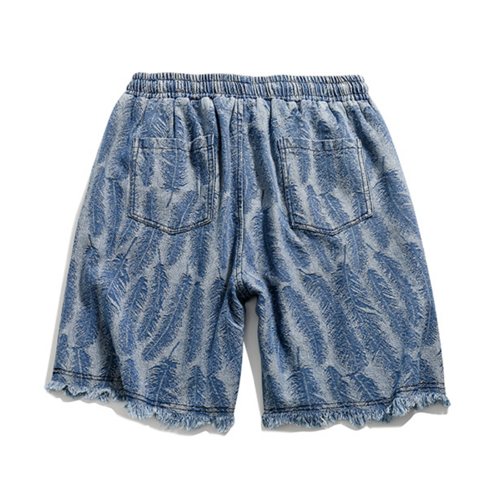 Street Feather Jacquard Frayed Denim Shorts