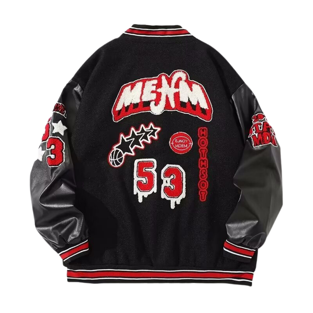 American Pattern Embroidered PU Panel Varsity Jacket