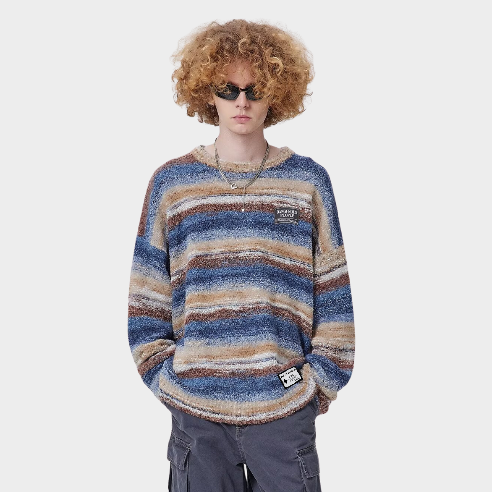 OOC' Retro Colorful Striped Contrast Crew Neck Knitted Sweater