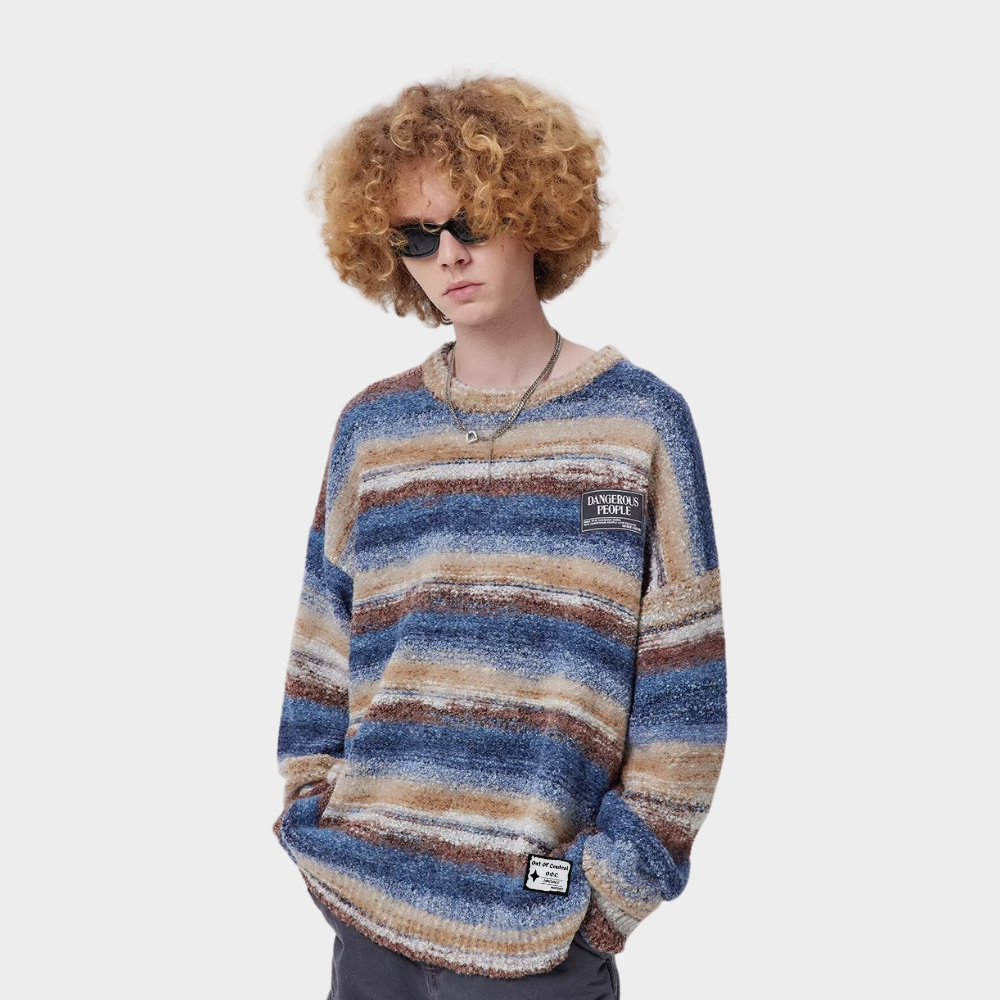 OOC' Retro Colorful Striped Contrast Crew Neck Knitted Sweater