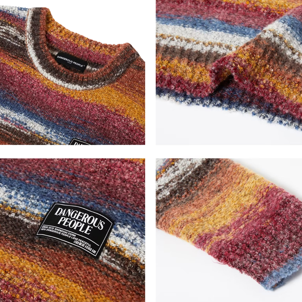OOC' Retro Colorful Striped Contrast Crew Neck Knitted Sweater