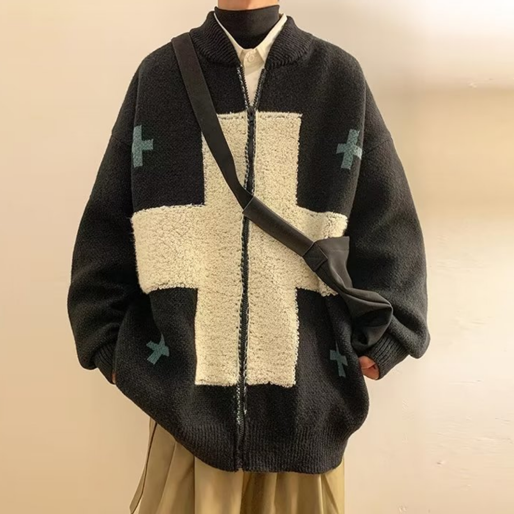 Hip Hop Cross Flocked Knitted Cardigan