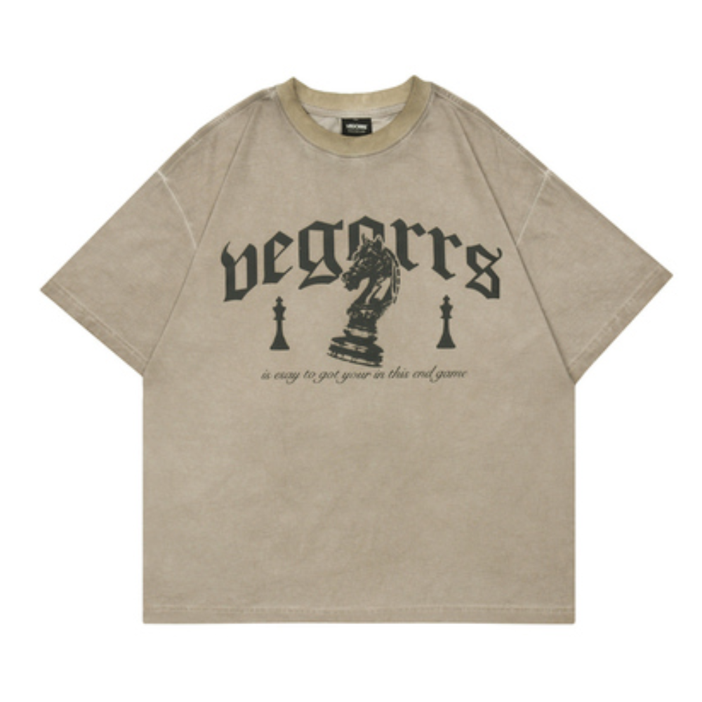 Vintage Chess Print Washed Distressed T-shirt