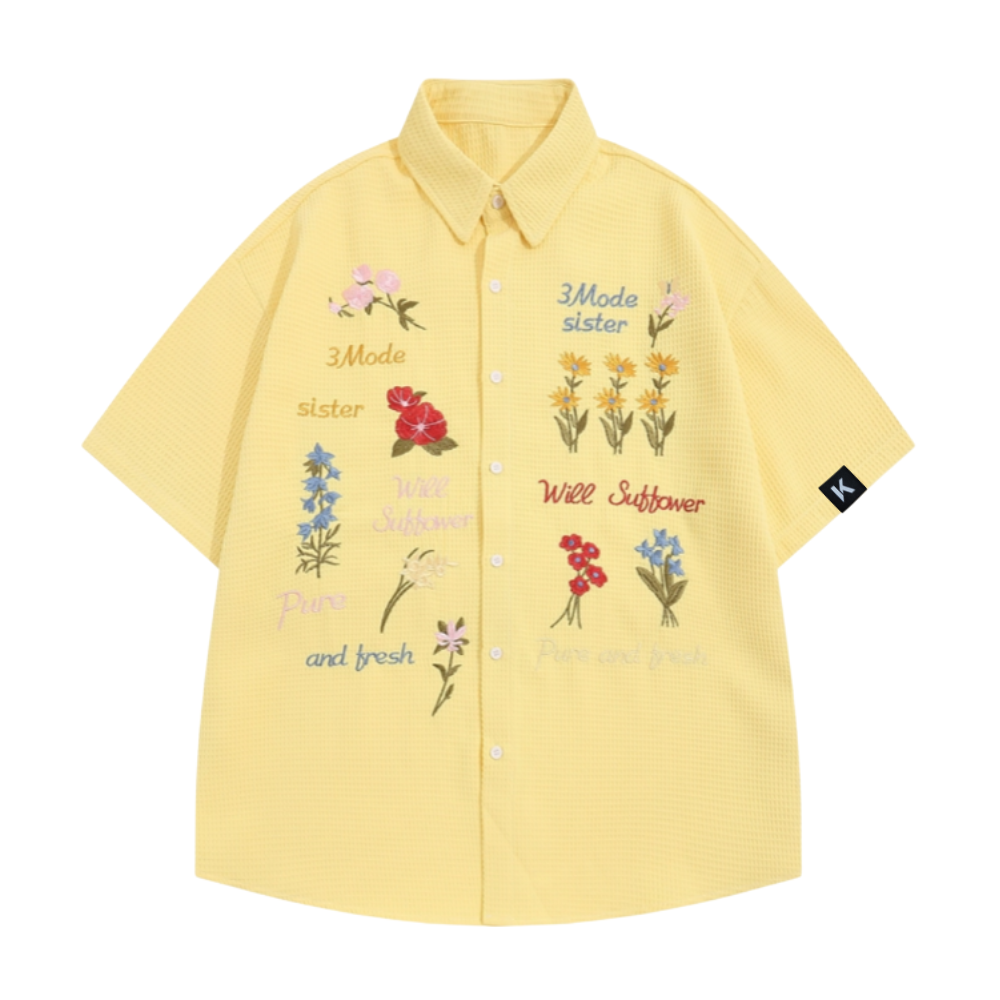Retro Waffle Colored Floral Embroidered Shirt