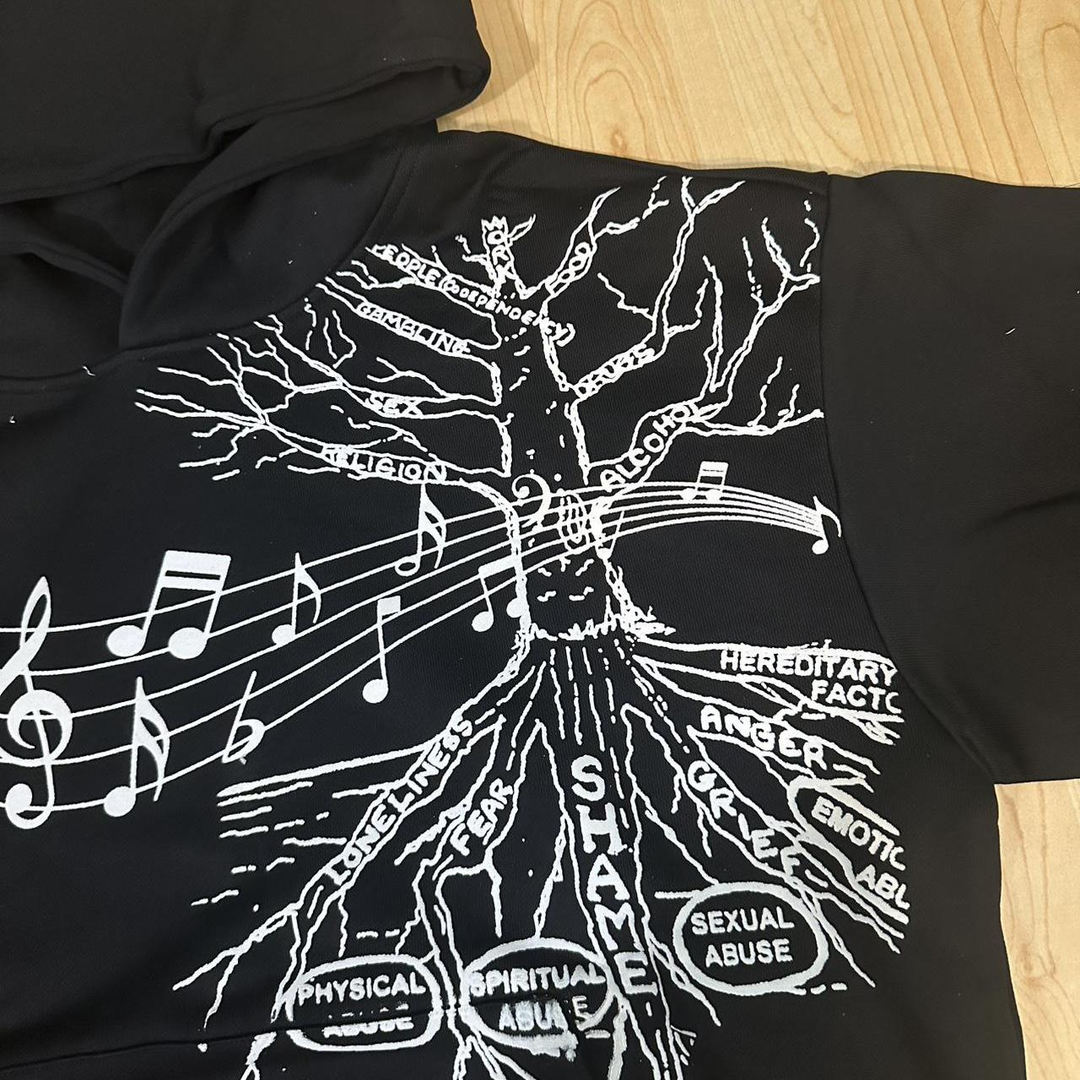 Unseen Echoes “Roots of Noise” Hoodie — Black Tree Graphic Print