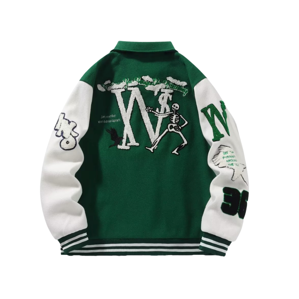 Street Skeleton Embroidery Varsity Jacket