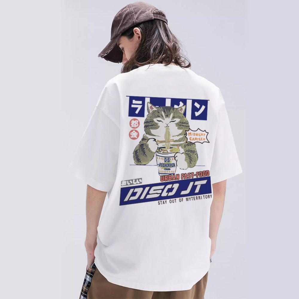 Japanese Greedy Cat Print T-shirt