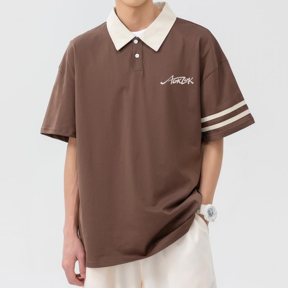 AOKLOK Drop Shoulder Parallel Bars Lapel Polo Shirt